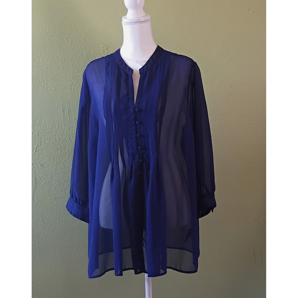 Nautical Chic Dark Academia Fylo Royal Blue Sheer Tunic Blouse  Size Large